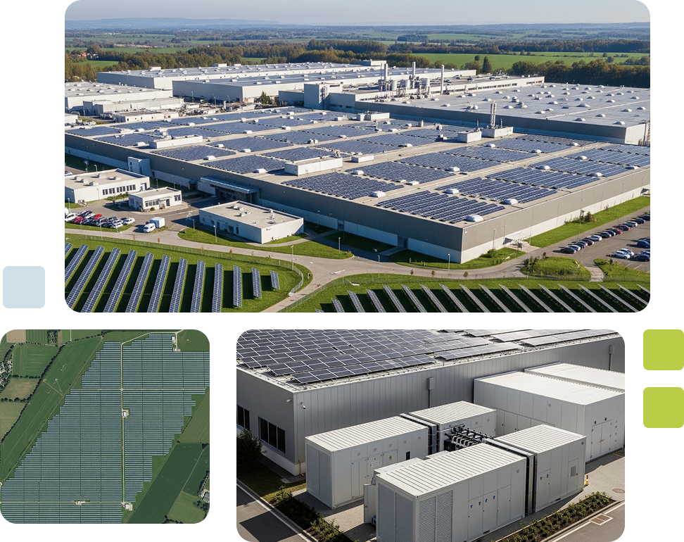 Aerial view of large industrial facility with rooftop and ground-mounted solar