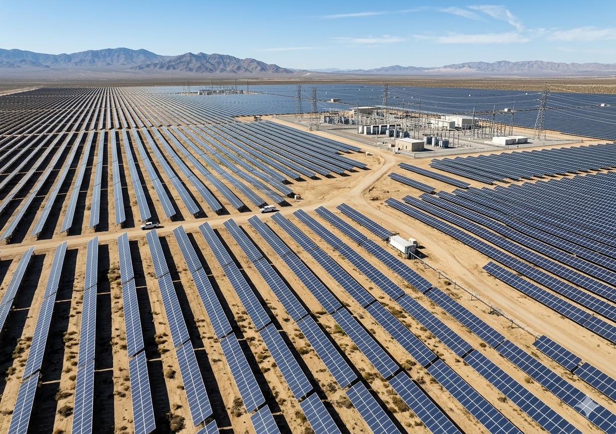 Aerial view of a large-scale solar array in the desert