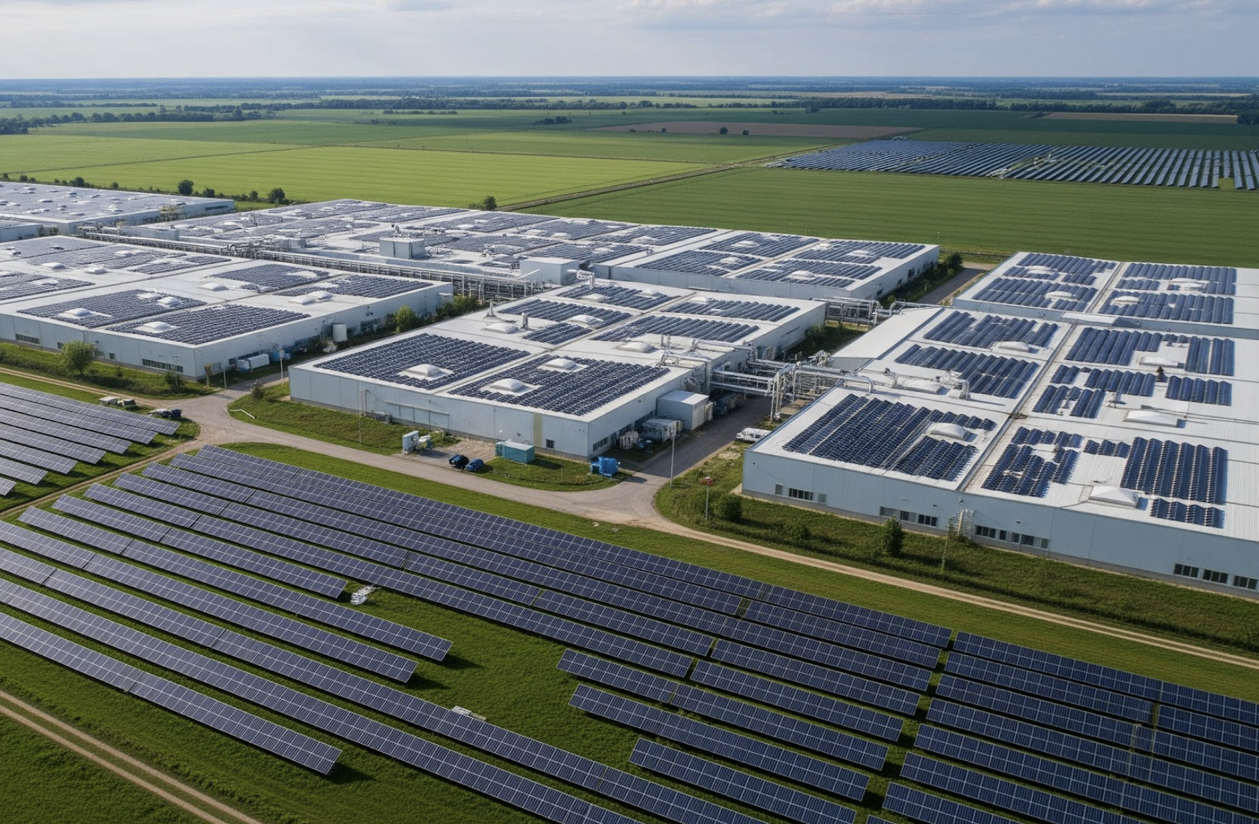 Aerial view of large industrial facility with rooftop and ground-mounted solar