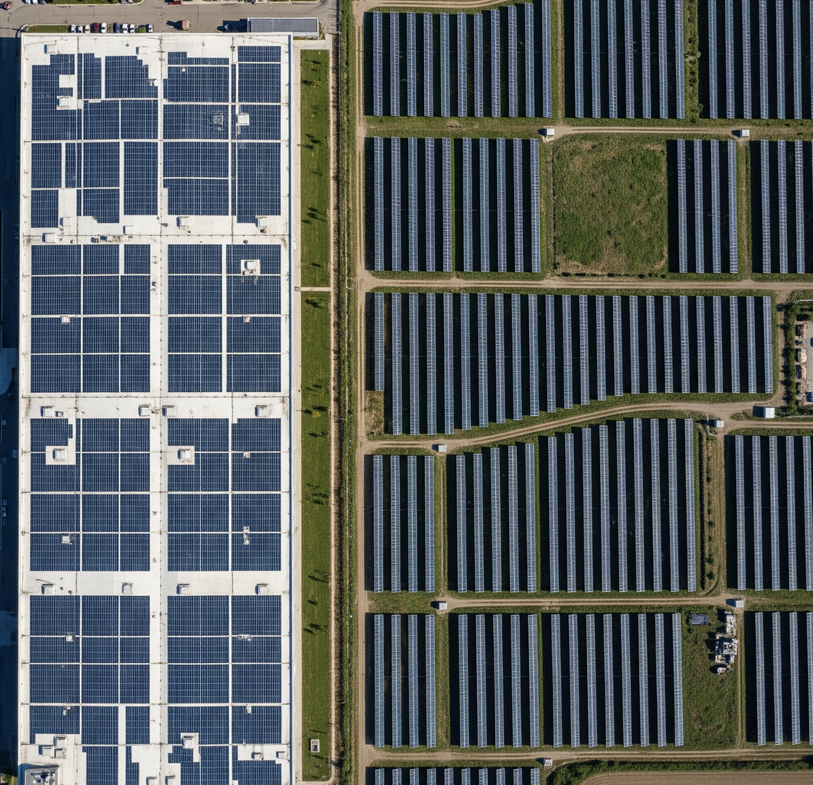 Aerial view of rooftop and ground-mounted solar installations